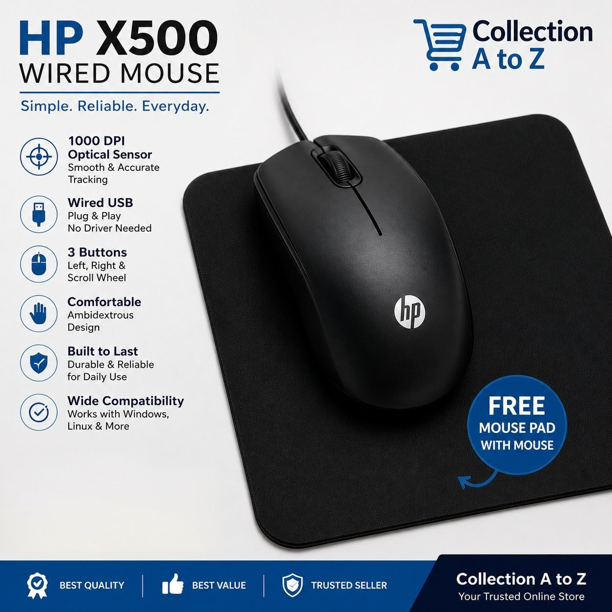 Crazy Deal – HP X500 Wired Mouse & Gaming Mouse Pad Combo