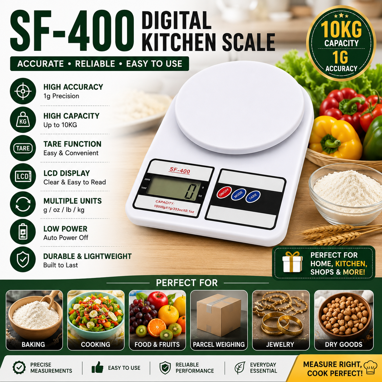 SF-400 Digital Kitchen Scale 10kg x 1g LCD Electronic Weighing Scale