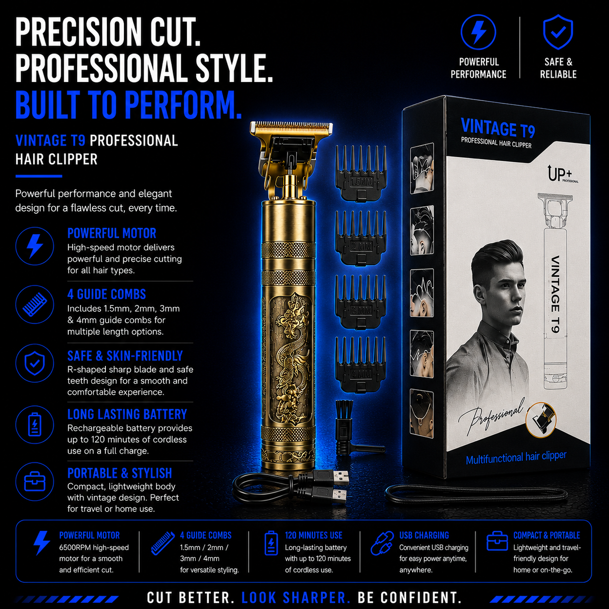 Vintage T9 Professional Hair & Beard Trimmer – Cordless Rechargeable Hair Clipper